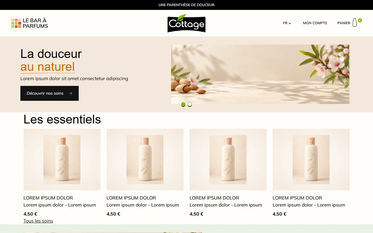 Accueil de la boutique : collection de soins et univers des parfums.