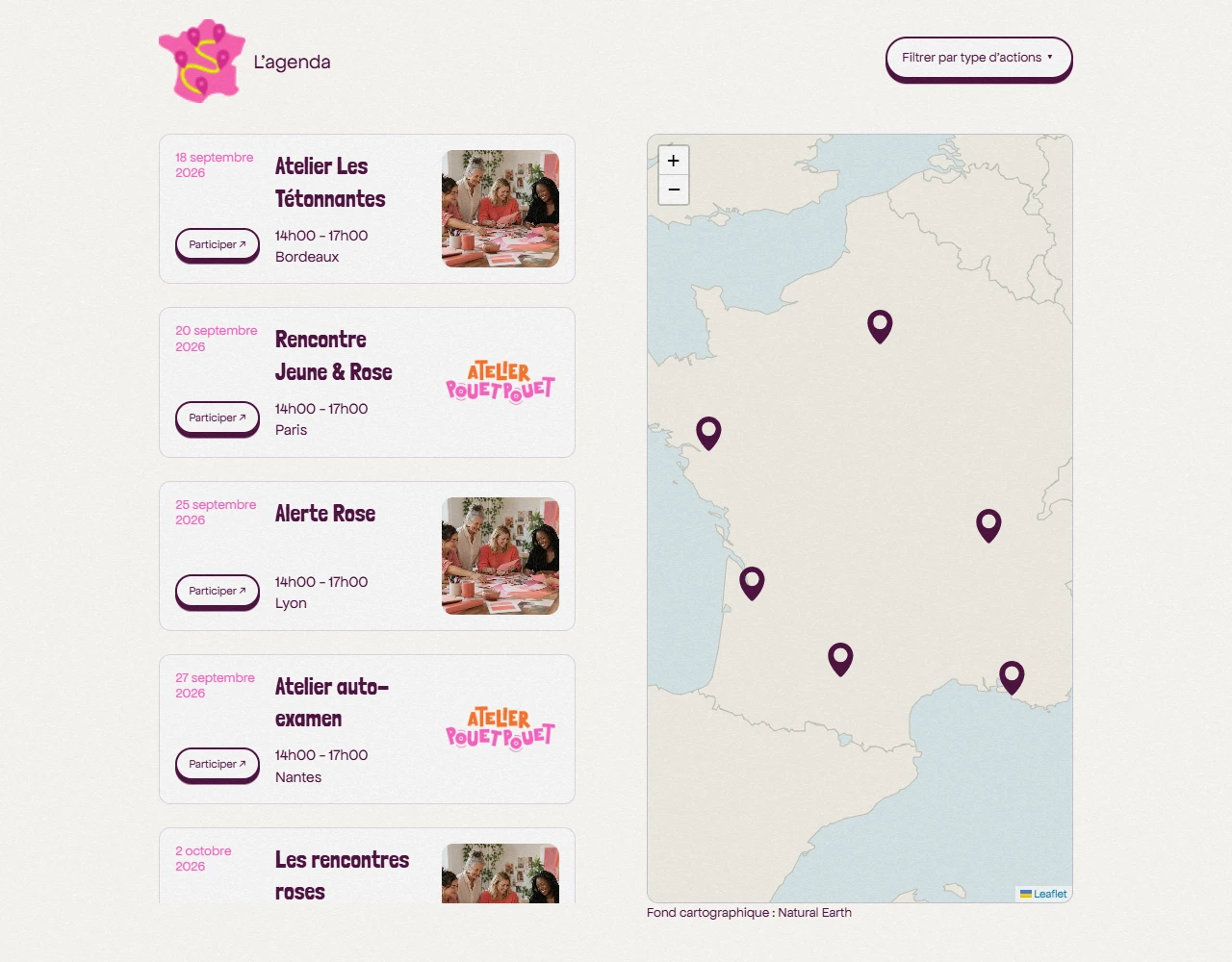 Liste des événements Jeune & Rose et carte interactive avec filtres par type d'action.