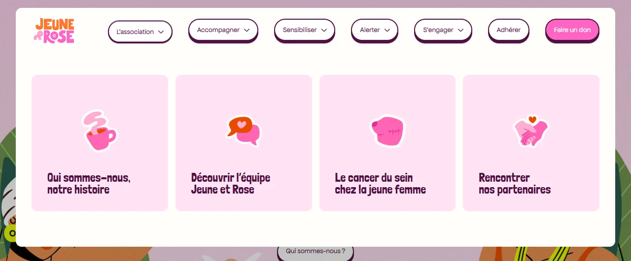 Menu déroulé de Jeune & Rose, avec quatre entrées illustrées vers les pages de l'association.