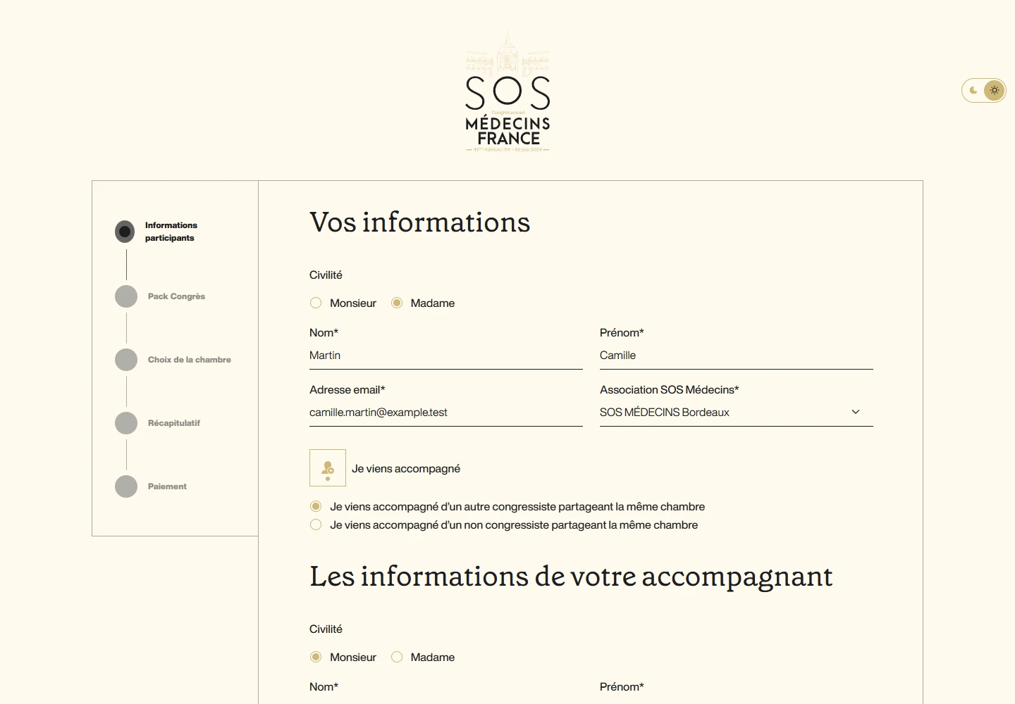 Informations du participant et choix d'un accompagnant dans le formulaire du congrès.