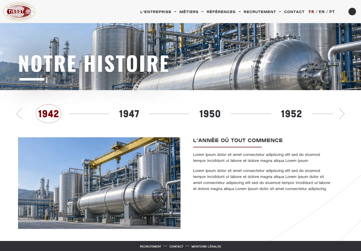 Frise de l'histoire de l'entreprise dans le thème Tissot.