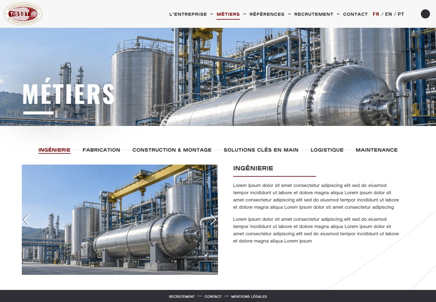 Gabarit des métiers avec sélection des domaines industriels et présentation illustrée.