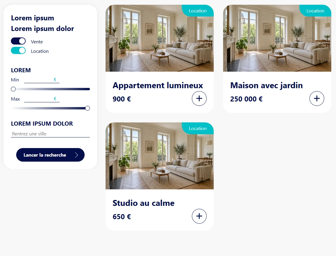 Catalogue VCP Immo avec filtres de transaction, de prix et de localisation, à côté des cartes de biens.